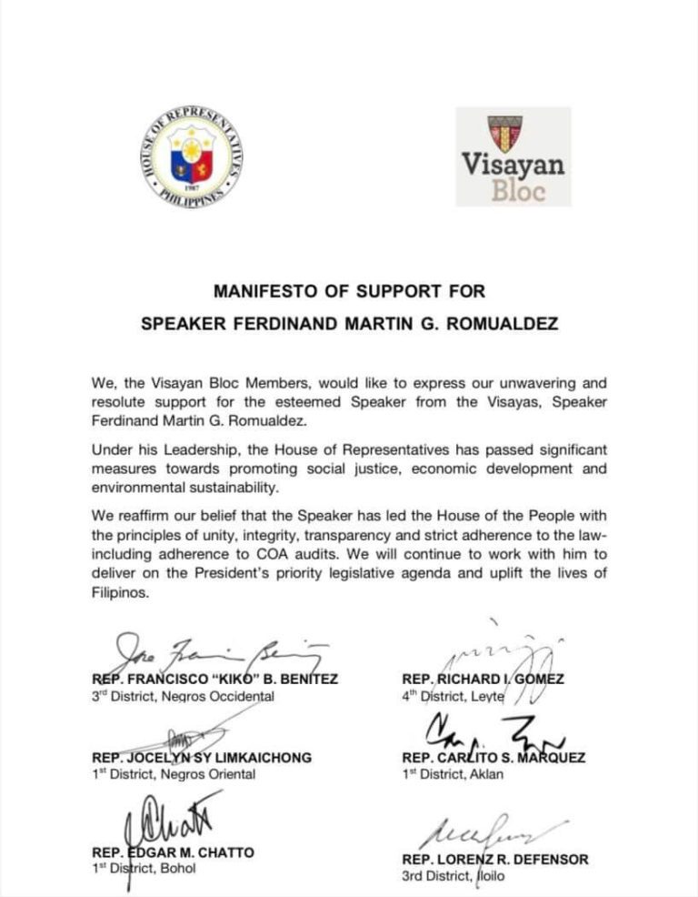 VISAYAN BLOC MANIFESTO OF SUPPORT FOR SPEAKER FERDINAND MARTIN G. ROMUALDEZ